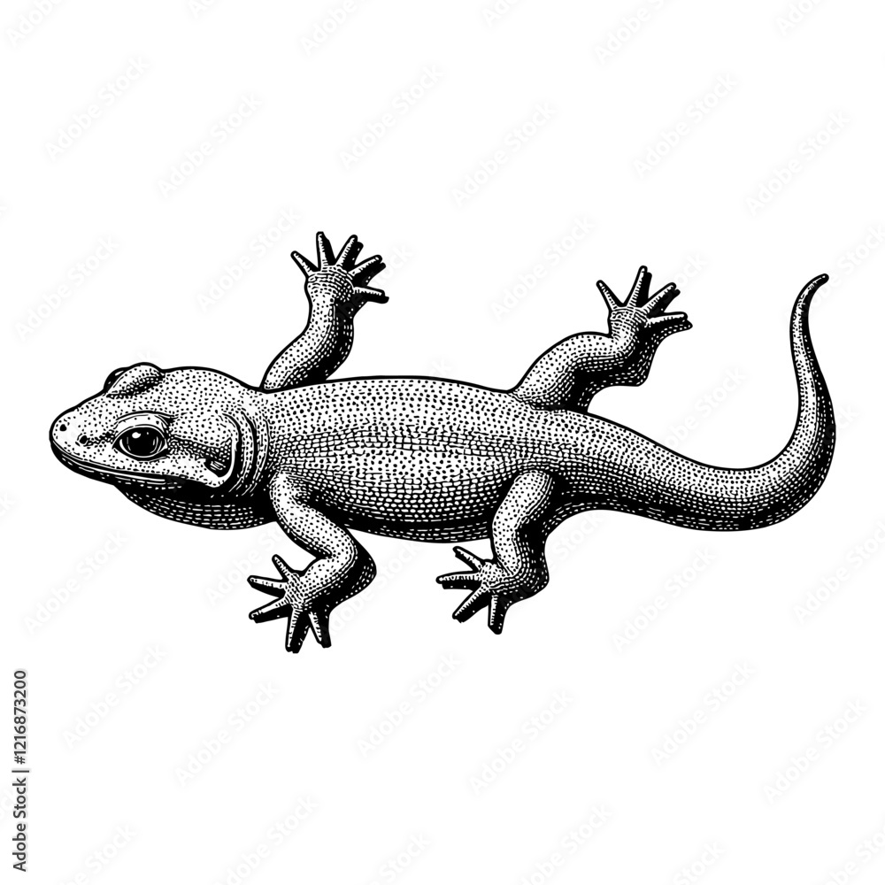 Naklejka premium Salamander Lizard Detailed Black and White Outline Line Art Drawing Engraving Style