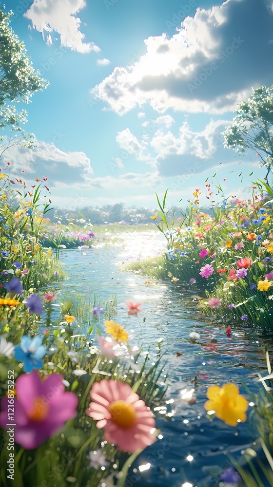 Obraz premium Spring blue sky grass flowers poster background