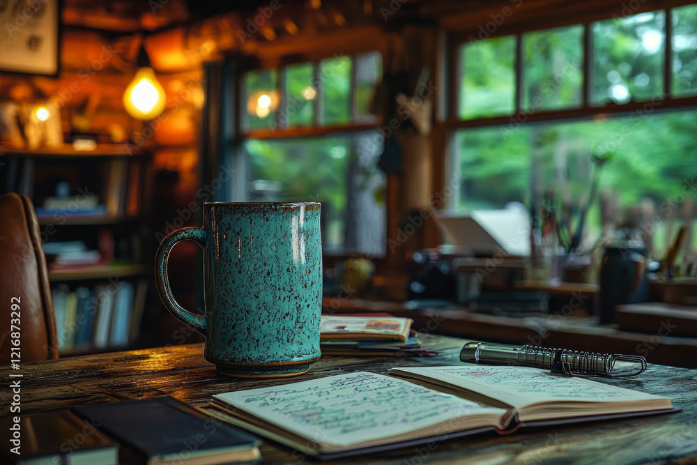 rustic workspace showcases wooden desk leather chair warm Edison lighting and vintage stationery. ceramic mug sits next open books and pen creating inviting atmosphere. rustic workspace showcases wooden desk leather chair warm Edison lighting and vintage stationery. ceramic mug sits next open books and pen creating inviting atmosphere.