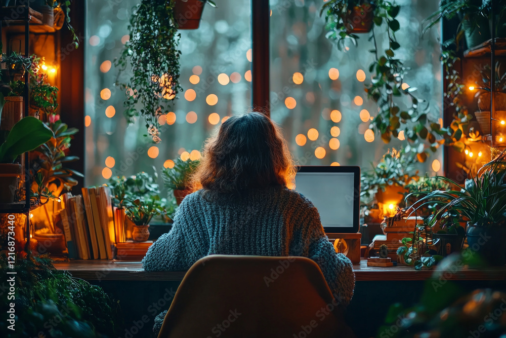 small but well organized workspace is illuminated warm lights. person works attentively on laptop wall mounted desk surrounded plants and decor items. small but well organized workspace is illuminated warm lights. person works attentively on laptop wall mounted desk surrounded plants and decor items.
