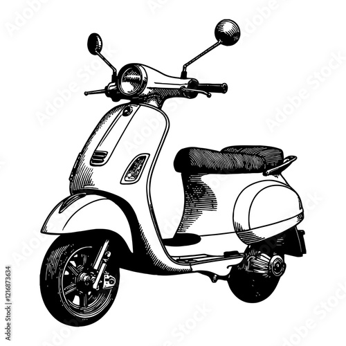 Detailed Scooter Side View Black and White Outline Line Art Drawing of Retro Transportation