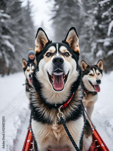 Portrait of Husky dogs in dog sledding in cold winter with snow photo