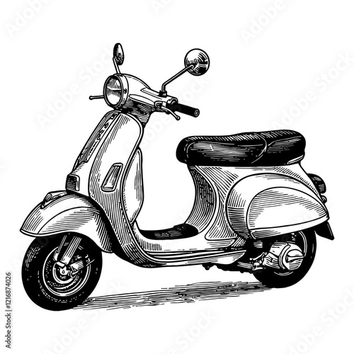 Wallpaper Mural Scooter Side View Vintage Black and White Outline Line Art Drawing with Detailed Engrave Style Torontodigital.ca
