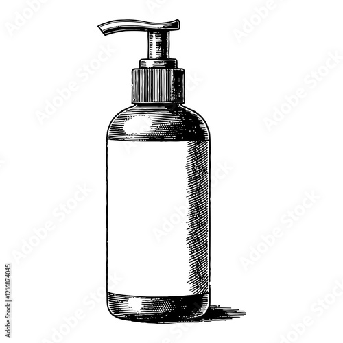 Shampoo Bottle with Blank Label in Detailed Black and White Outline Line Art Drawing