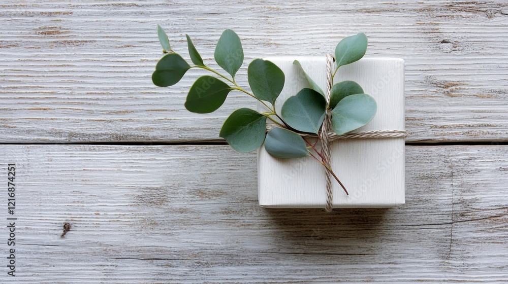 Beautiful Gift Box Wrapped with Natural Greenery on Rustic Wood Beautiful Gift Box Wrapped with Natural Greenery on Rustic Wood