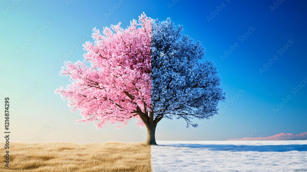 Seasonal Contrast of a Pink Tree in Four Seasons Under a Blue Sky Seasonal Contrast of a Pink Tree in Four Seasons Under a Blue Sky