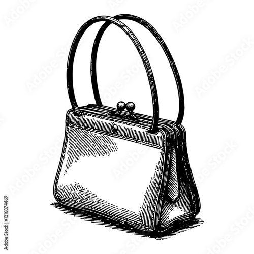 Small Purse with Handle in Vintage Style Black and White Outline Line Art Drawing