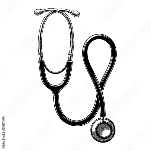 Stethoscope Medical Equipment Black and White Outline Line Art Drawing isolated on white