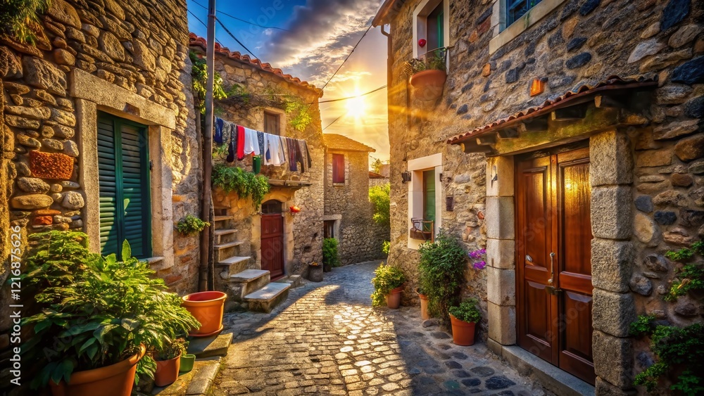 Fototapeta premium Charming Traditional House, Cobblestone Alley, Mesotopos Village, Lesbos, Greece