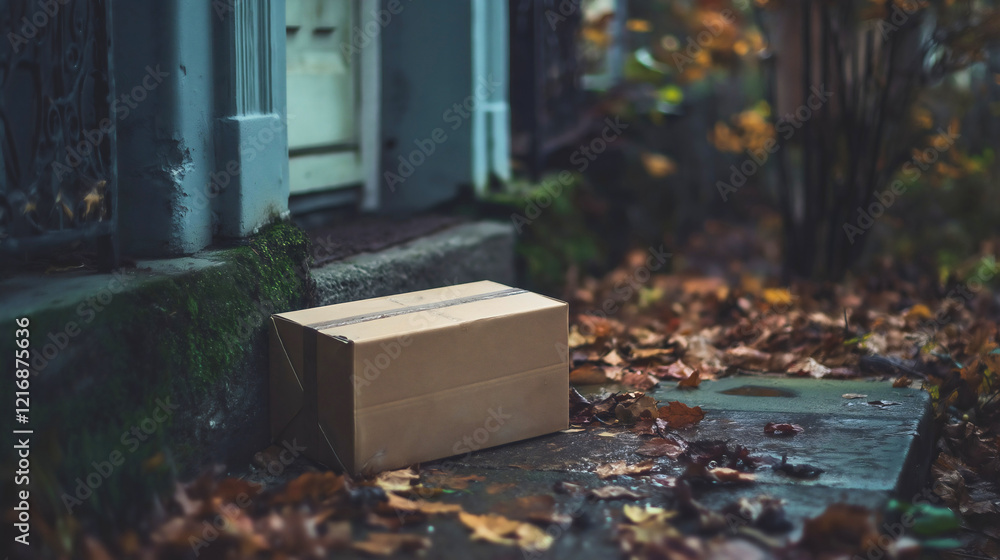 Fototapeta premium Cozy Autumn Delivery of a Brown Box on a Leaf Covered Doorstep in a Quiet Neighborhood