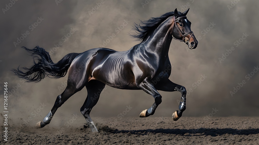Obraz premium A powerful black horse gallops through a dusty environment, showcasing its strength and beauty. The dynamic motion captures the essence of freedom and grace in nature.