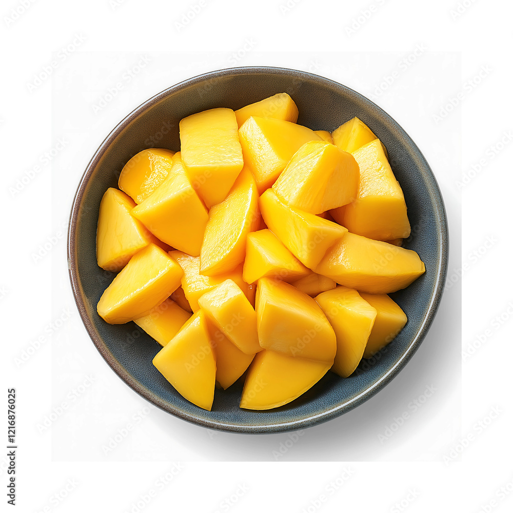 Bowl of Freshly Sliced Mango Pieces on a White Background - 1 Bowl of Freshly Sliced Mango Pieces on a White Background - 1
