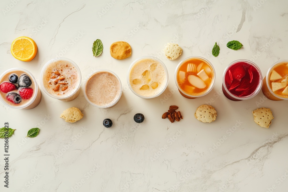 A flat lay of takeaway beverages styled with small snacks on a light marble surface. picture A flat lay of takeaway beverages styled with small snacks on a light marble surface. picture