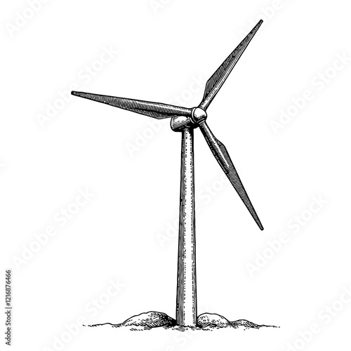 Wind Turbine Standing on Soil Detailed Black and White Outline Line Art Drawing