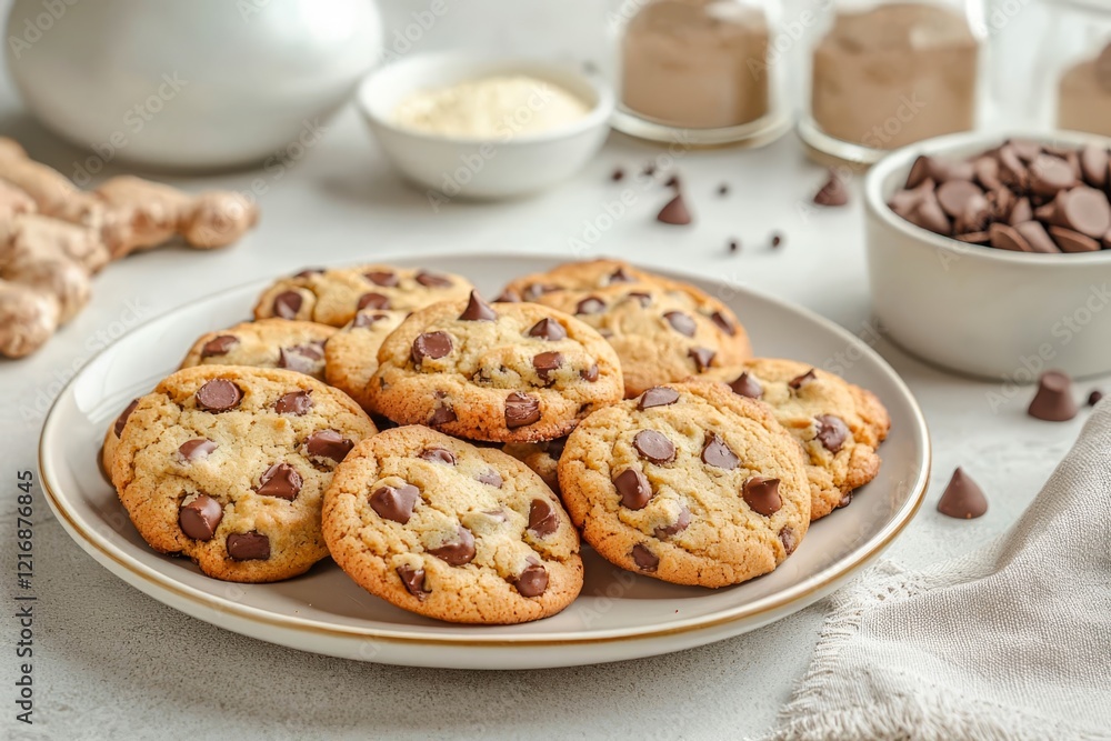 A plate of freshly baked cookies on a kitchen table, surrounded by baking ingredients. A plate of freshly baked cookies on a kitchen table, surrounded by baking ingredients.