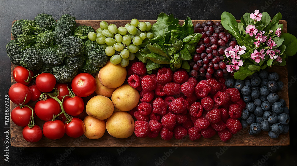 Vibrant Assortment of Fresh Fruits and Vegetables on Wooden Board Vibrant Assortment of Fresh Fruits and Vegetables on Wooden Board