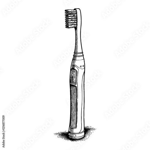 Electric Toothbrush Detailed Vertical Black and White Outline Line Art Drawing on White Background