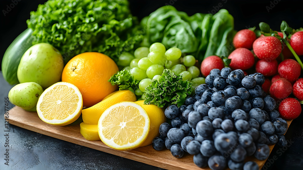Assortment of Fresh Fruits and Vegetables on Wooden Board Assortment of Fresh Fruits and Vegetables on Wooden Board