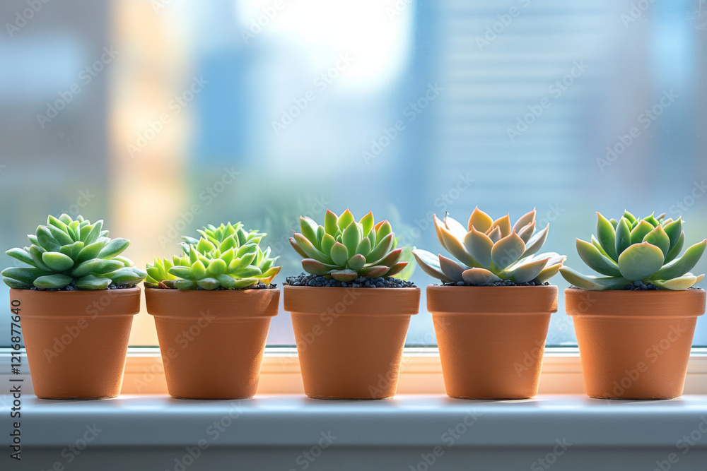 Succulent plants arranged in terracotta pots on a windowsill indoors Succulent plants arranged in terracotta pots on a windowsill indoors