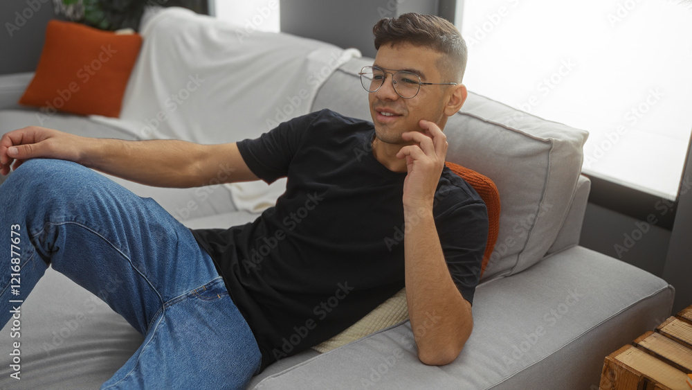 Fototapeta premium Young hispanic man relaxing on a couch in a stylish living room with modern decor at home, showcasing a comfortable and inviting interior setting.