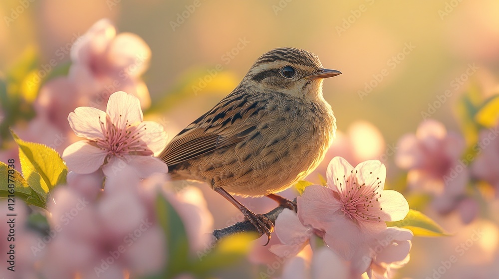 Bird perched on blossoming peach tree at sunset Bird perched on blossoming peach tree at sunset
