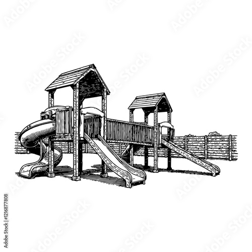 Empty Kids Playground With Slide Black and White Outline Line Art Drawing Engraving Illustration