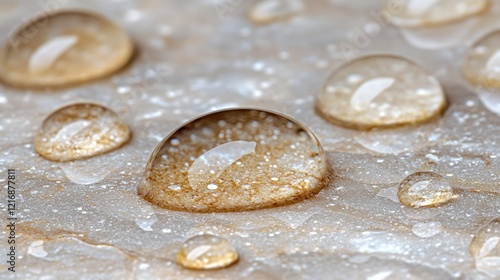 Water drops beading on a textured stone surface, close-up