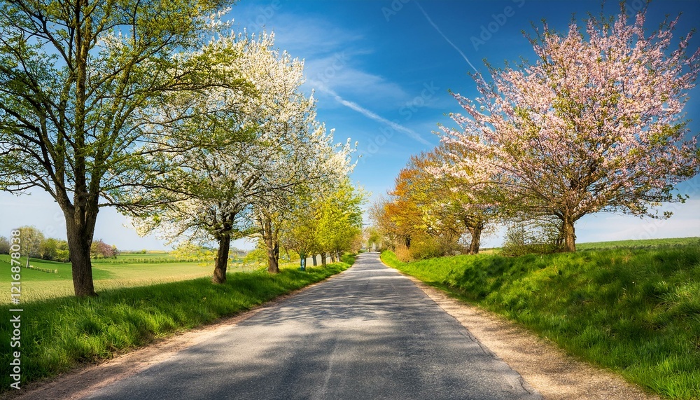 Scenic Spring Road – Tree-Lined Path with Fresh Green Foliage and Blooming Countryside Landscape Scenic Spring Road – Tree-Lined Path with Fresh Green Foliage and Blooming Countryside Landscape