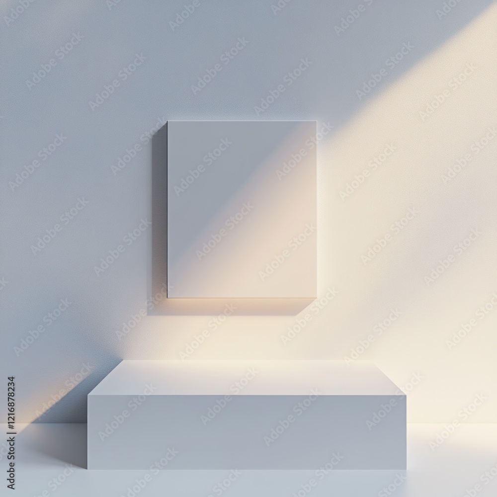 Fototapeta premium Minimalist white canvas mockup, sunlight, platform