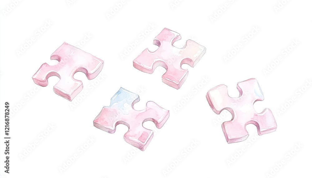 Four pastel pink puzzle pieces scattered on a white background, symbolizing creativity and problem-solving Four pastel pink puzzle pieces scattered on a white background, symbolizing creativity and problem-solving