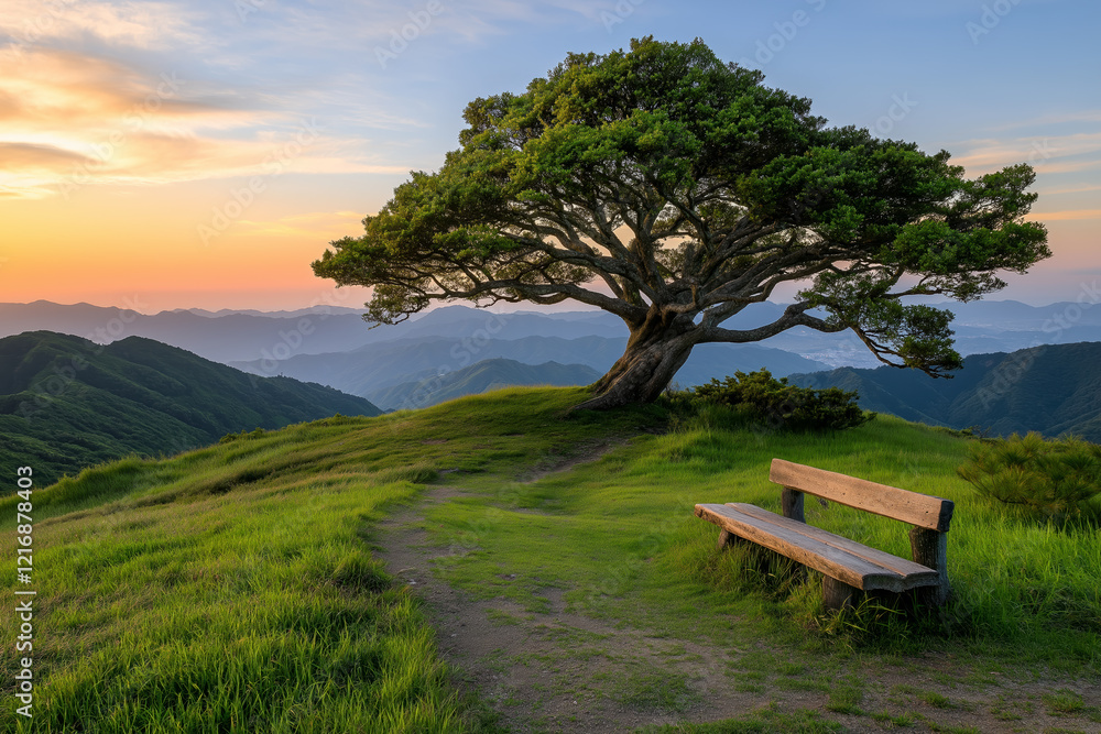 Scenic bench under sprawling tree on grassy hilltop overlooking mountain ranges during sunset, peaceful and serene nature view. Scenic bench under sprawling tree on grassy hilltop overlooking mountain ranges during sunset, peaceful and serene nature view.