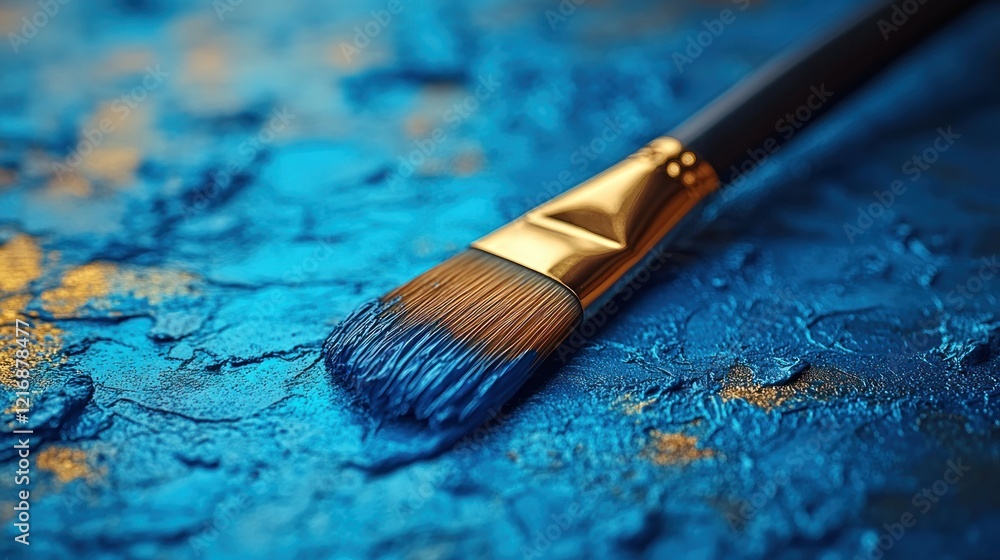 Blue paintbrush on textured canvas, gold accents Blue paintbrush on textured canvas, gold accents