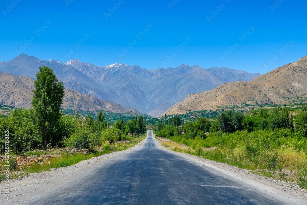 Fototapeta premium An empty road leading to a mountain range under a clear blue sky, with vibrant greenery on both sides.