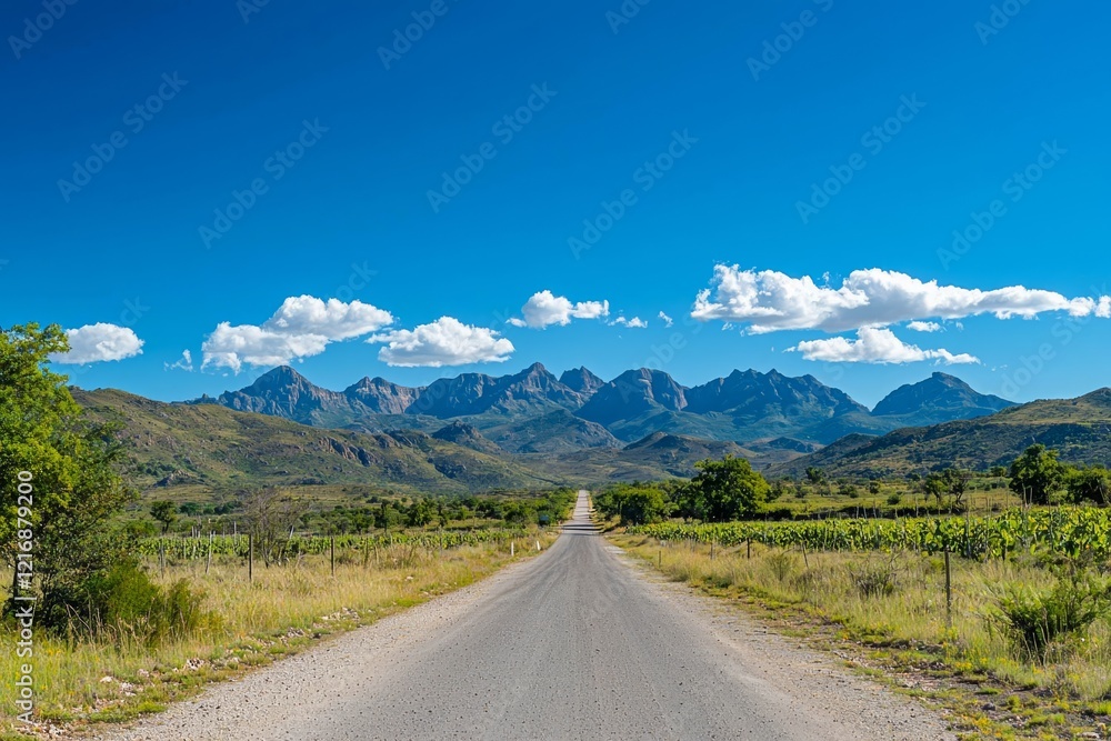 Fototapeta premium An empty road leading to a mountain range under a clear blue sky, with vibrant greenery on both sides.