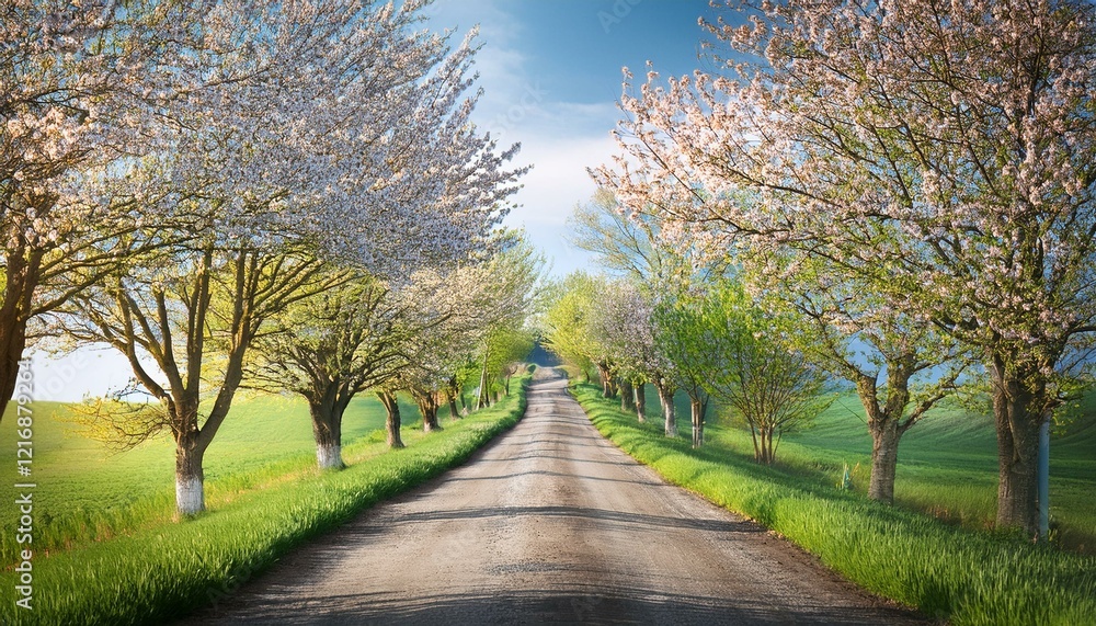 Naklejka premium Scenic Spring Road – Tree-Lined Path with Fresh Green Foliage and Blooming Countryside Landscape