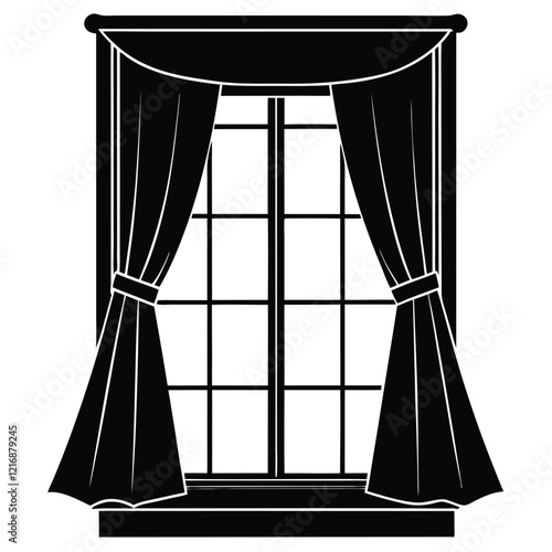 Silhouette aesthetic window with curtain black color white background