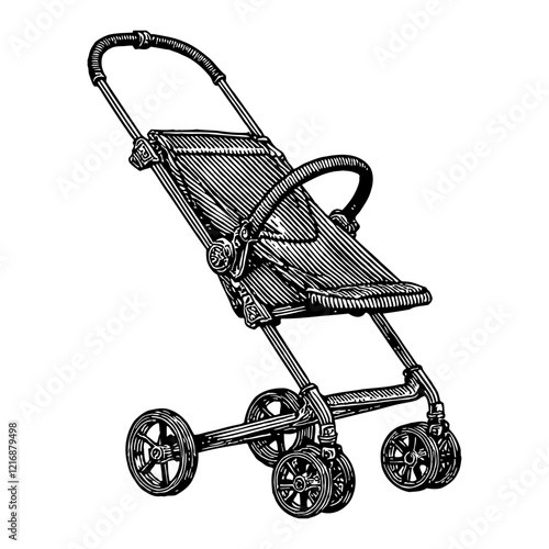 Vintage Style Baby Stroller with Detailed Black and White Outline Line Art Drawing