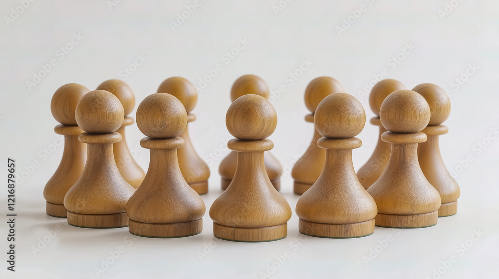 A group of wooden chess pawns standing in a circular formation on a white surface A group of wooden chess pawns standing in a circular formation on a white surface