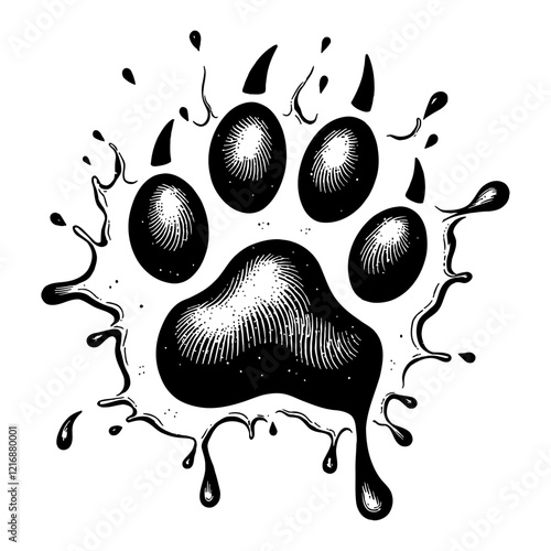 Dog Paw Footprint Splat and Drip Style Black and White Outline Line Art Drawing Detailed Design