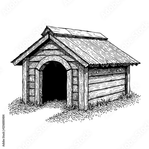 Empty Wooden Dog House in Black and White Outline Line Art Drawing with Detailed Sketch
