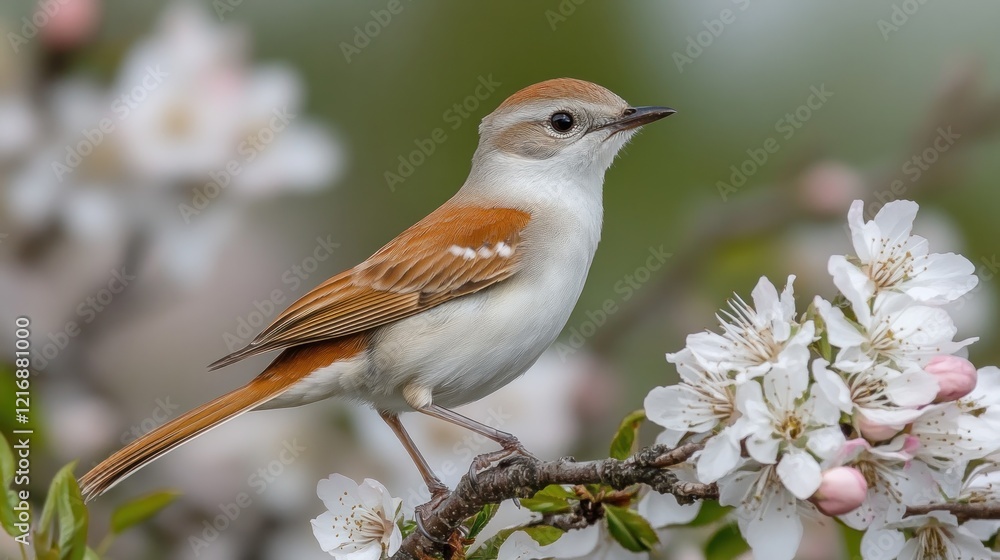 Fototapeta premium Brown bird perched spring blossoms garden