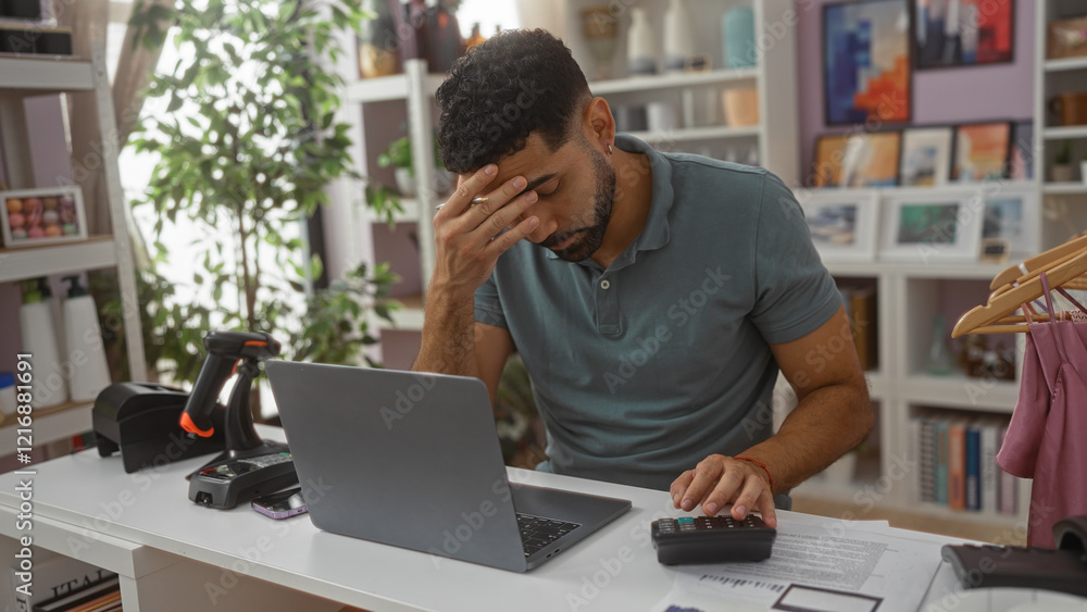 Young man calculating expenses indoors while working in home decor store, surrounded by shelves and plants, appearing stressed Young man calculating expenses indoors while working in home decor store, surrounded by shelves and plants, appearing stressed