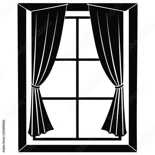 Silhouette aesthetic window with curtain black color white background