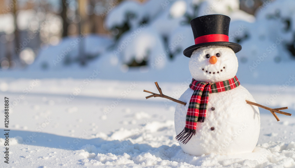 Fototapeta premium Cheerful snowman standing proudly in winter landscape, festive fun