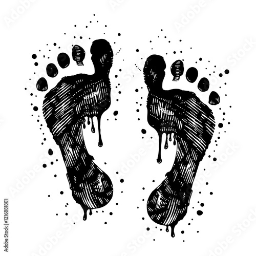 Human Footprint Splat and Drip Abstract Black and White Outline Line Art Drawing