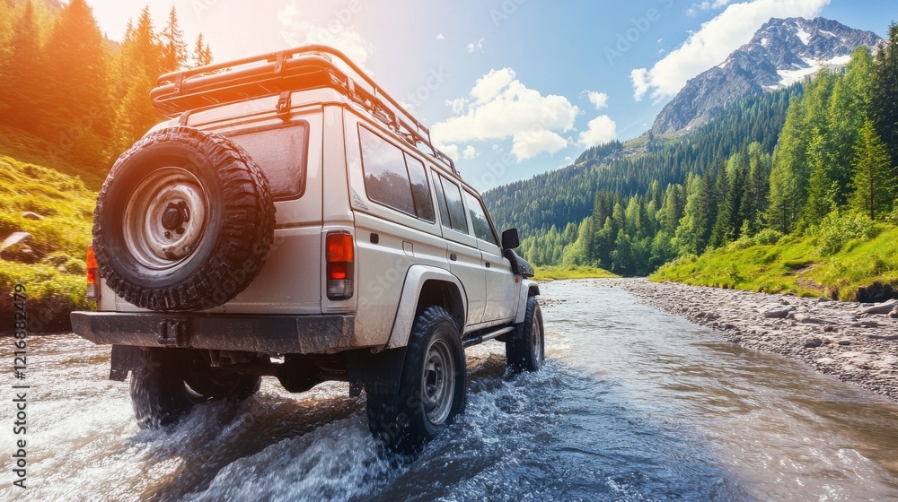 Vehicle Crossing Shallow River in Forest Landscape Vehicle Crossing Shallow River in Forest Landscape