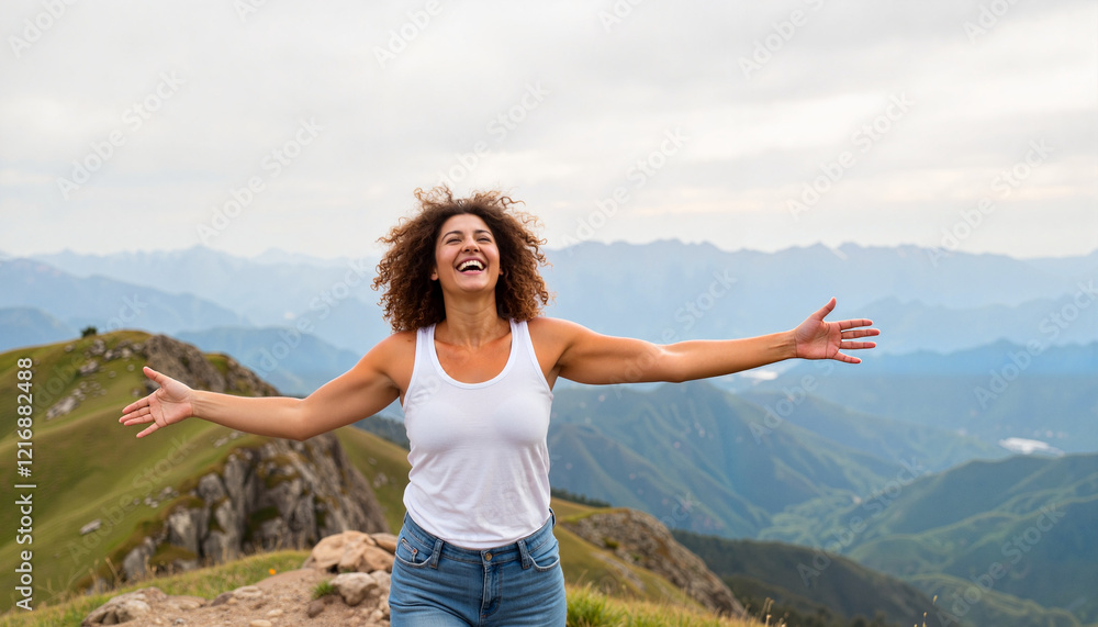 Euphoric woman laughing with arms outstretched on mountain peak, joy Euphoric woman laughing with arms outstretched on mountain peak, joy