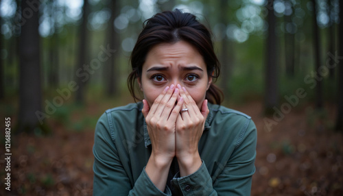 Woman fearfully covering mouth in gloomy forest, emotional panic photo