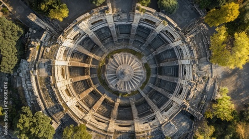 Witness the grandeur of the Virgiliano Amphitheater from above. This aerial perspective captures the sweeping expanse and intricate details of one of Rome's most iconic monuments.  photo