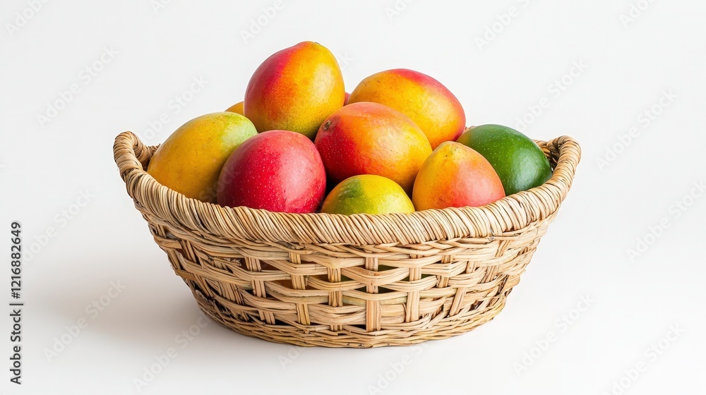 Fresh and Colorful Fruits in a Woven Basket on White Background Fresh and Colorful Fruits in a Woven Basket on White Background